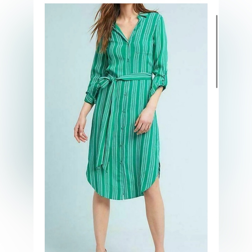 Maeve Green Striped Button-Front Midi Shirt Dress